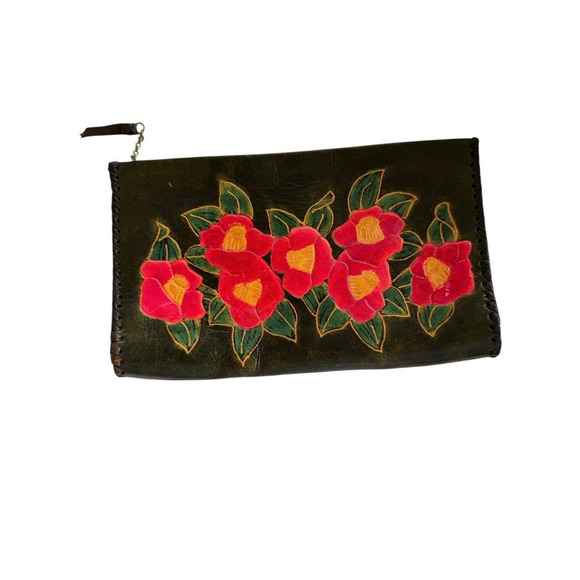 Womens Leather Mexican Clutch Handbag HANDMADE Hibiscus Art - Picture 1 of 5
